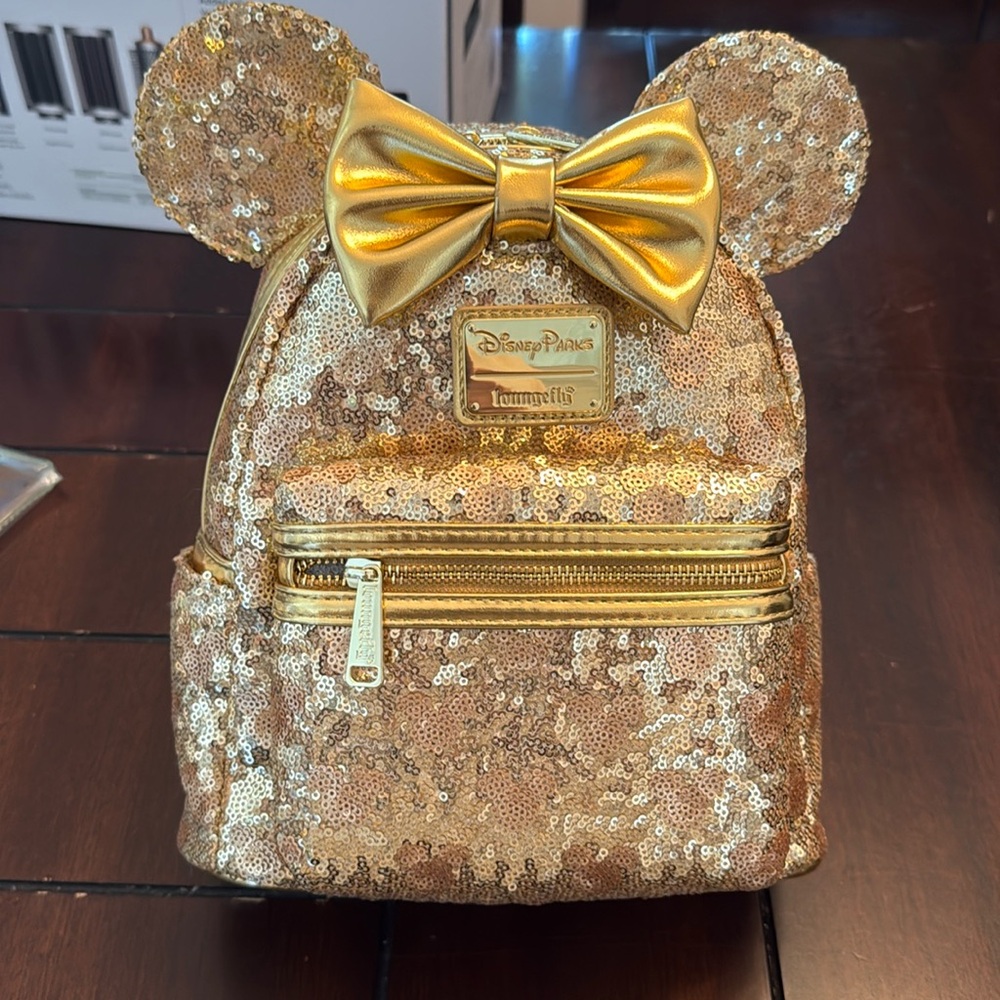 Loungefly Kids Gold Sequin Backpack with Metallic Bow